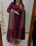 Women's Pure Cotton Printed Maroon Kurta With Pant And Dupatta