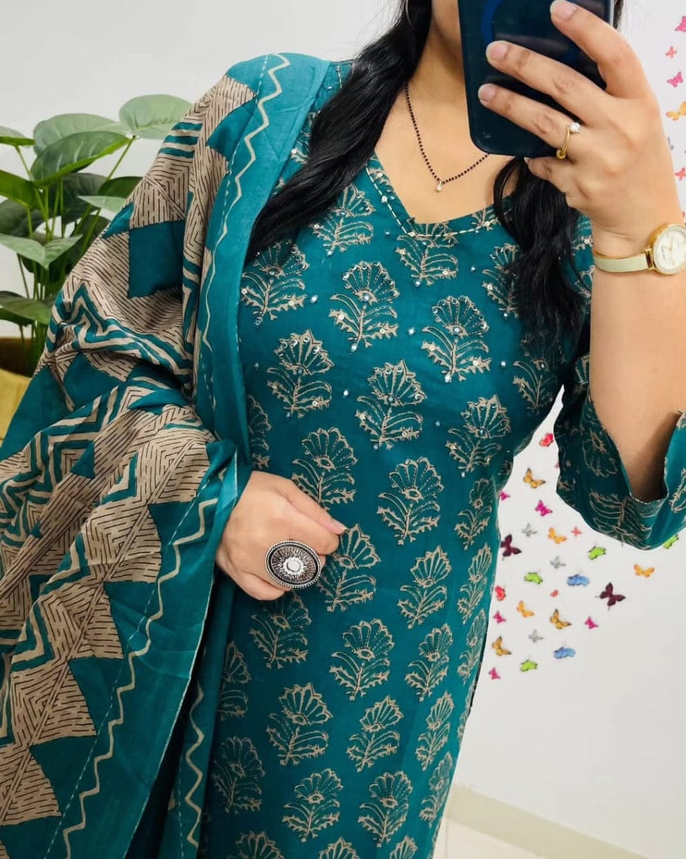 Women's Pure Cotton Printed Sea Blue Kurta With Pant And Dupatta