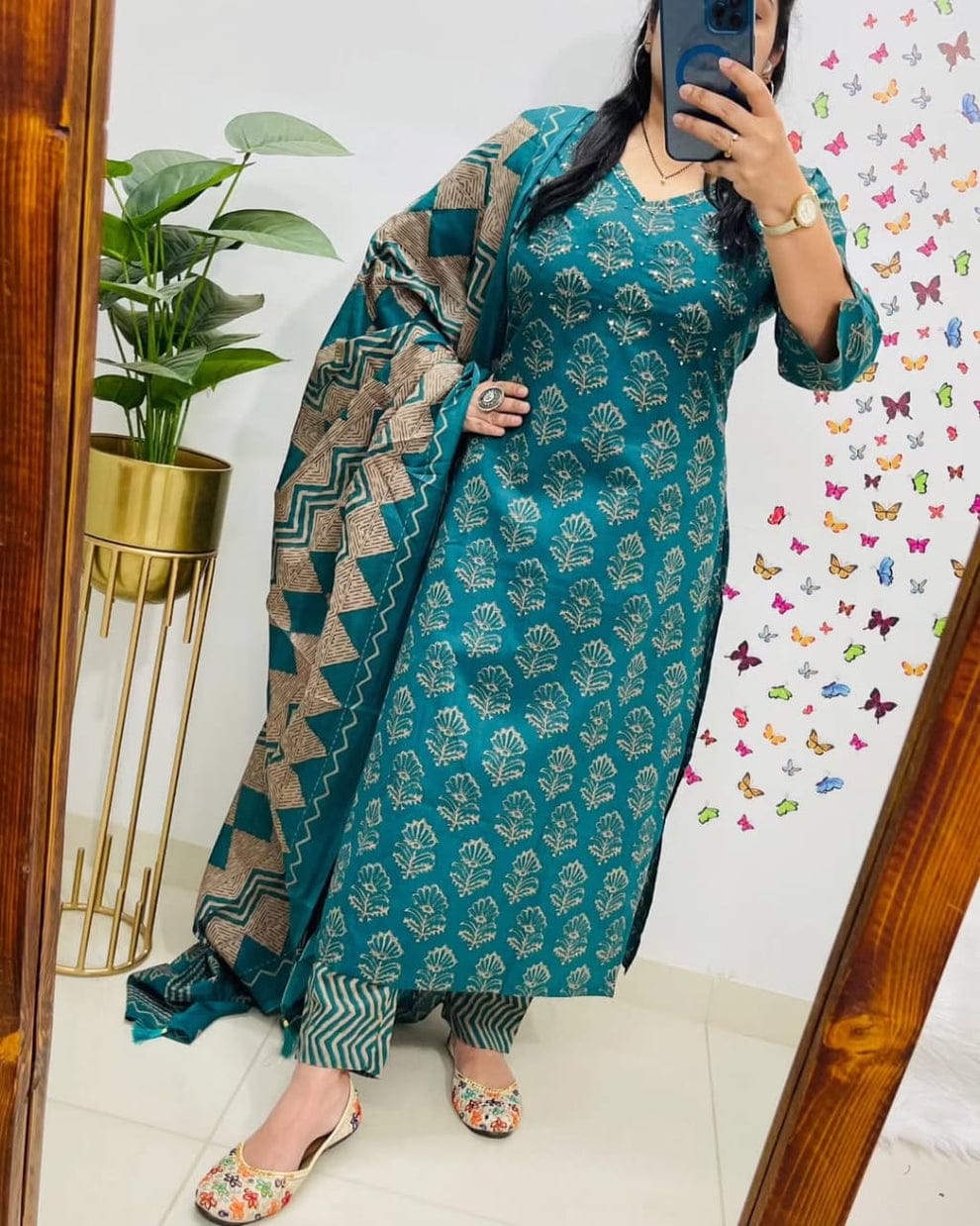 Women's Pure Cotton Printed Sea Blue Kurta With Pant And Dupatta