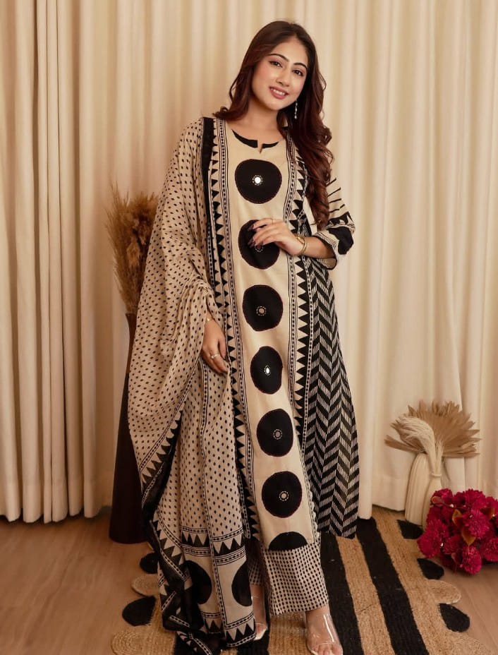Beige & Black Geometric Print Kurta Set with Coordinated Dupatta