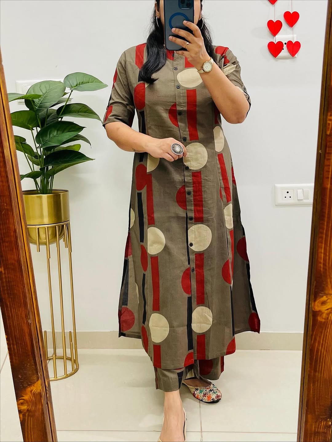 Olive Green Printed Kurta Set for Women with Pants