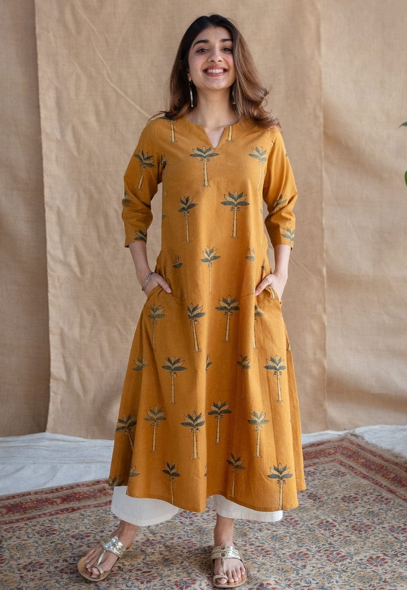 Premium Mustard Printed A-Line Kurti Set