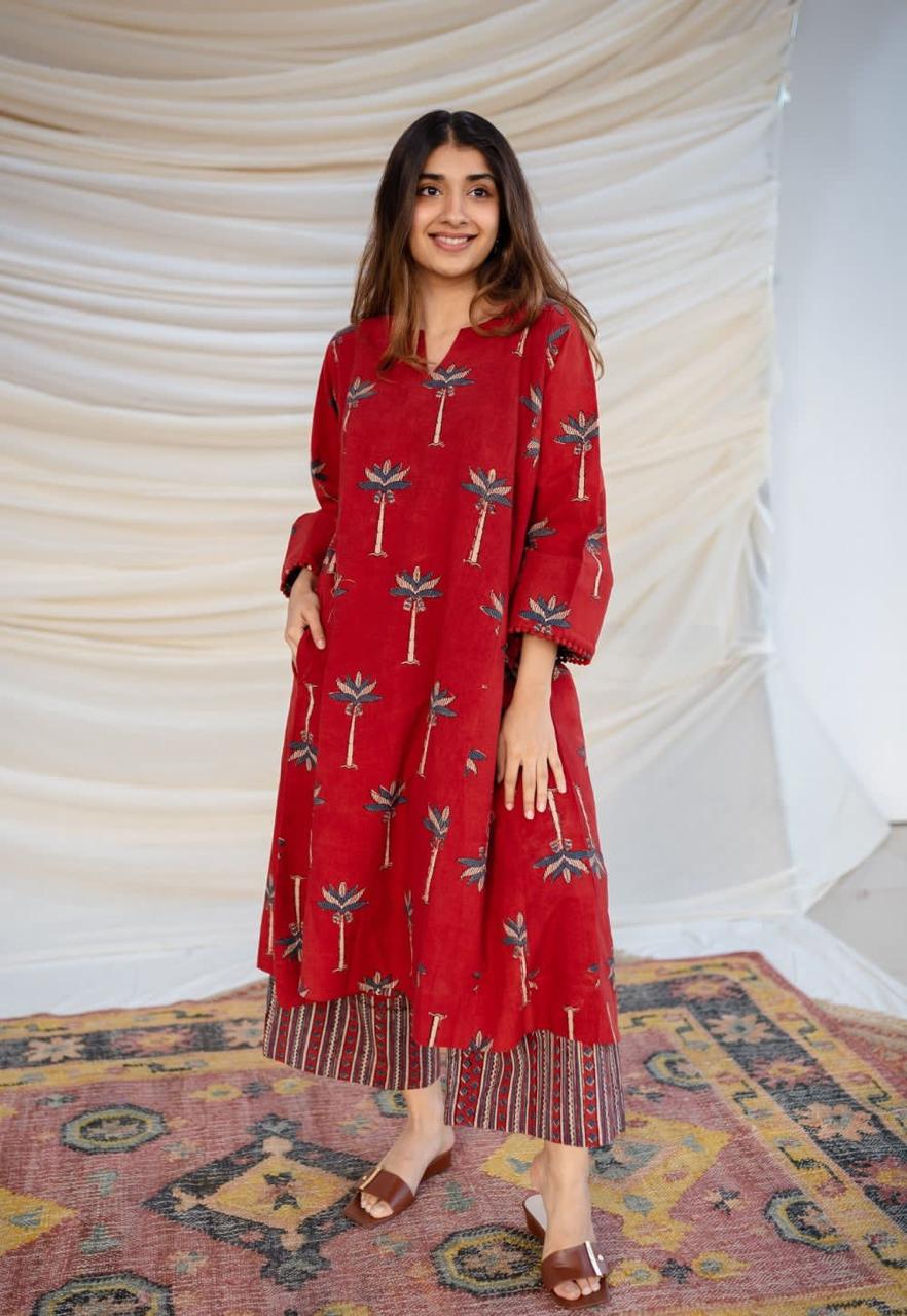 Premium Red Printed A-Line Kurti Set