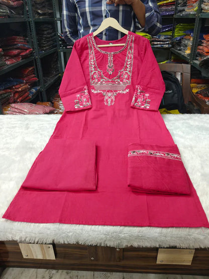 Pink Embroidered Cotton Kurta Pant Dupatta Set