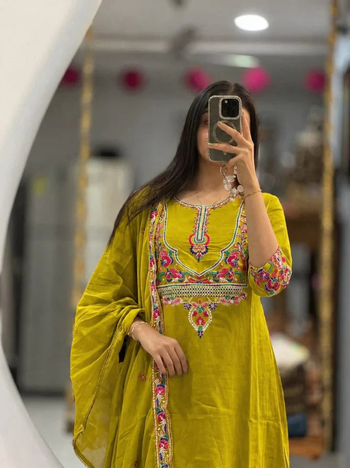 Light Green Embroidered Cotton Kurta Pant Dupatta Set