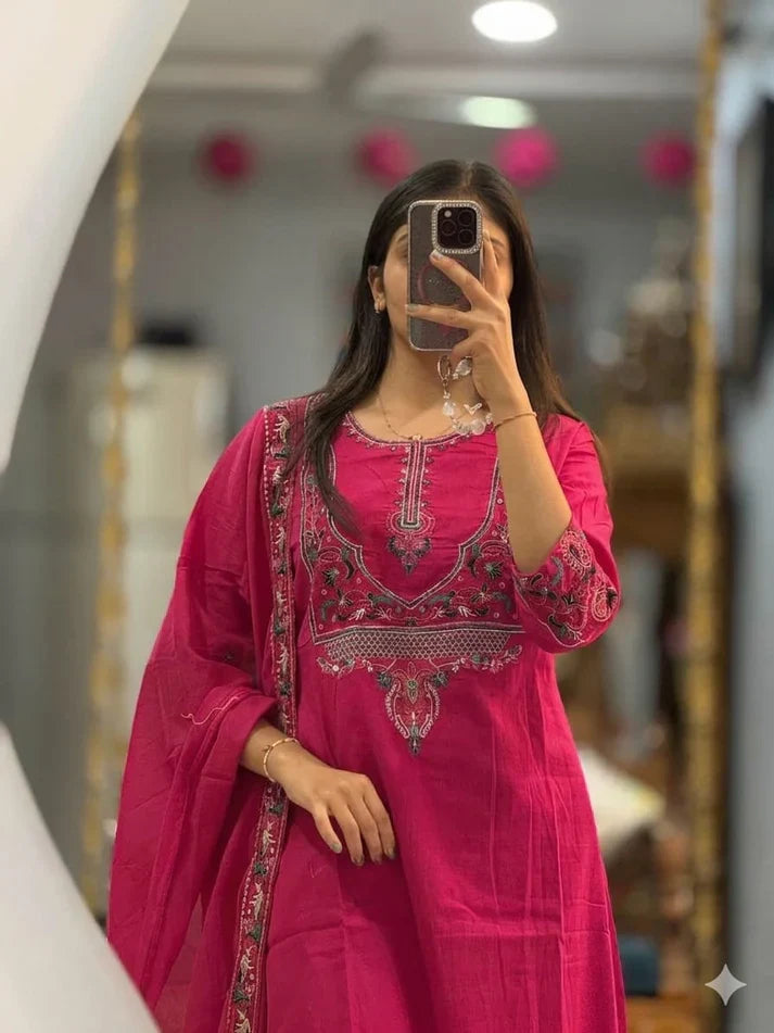 Pink Embroidered Cotton Kurta Pant Dupatta Set