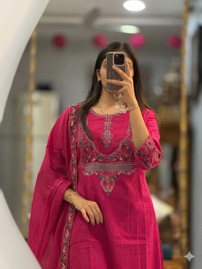 Pink Embroidered Cotton Kurta Pant Dupatta Set
