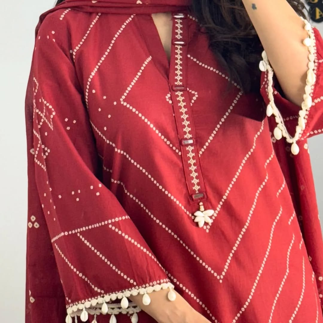 Premium Red Embroidered Cotton Kurti Pant Set with Dupatta for Women