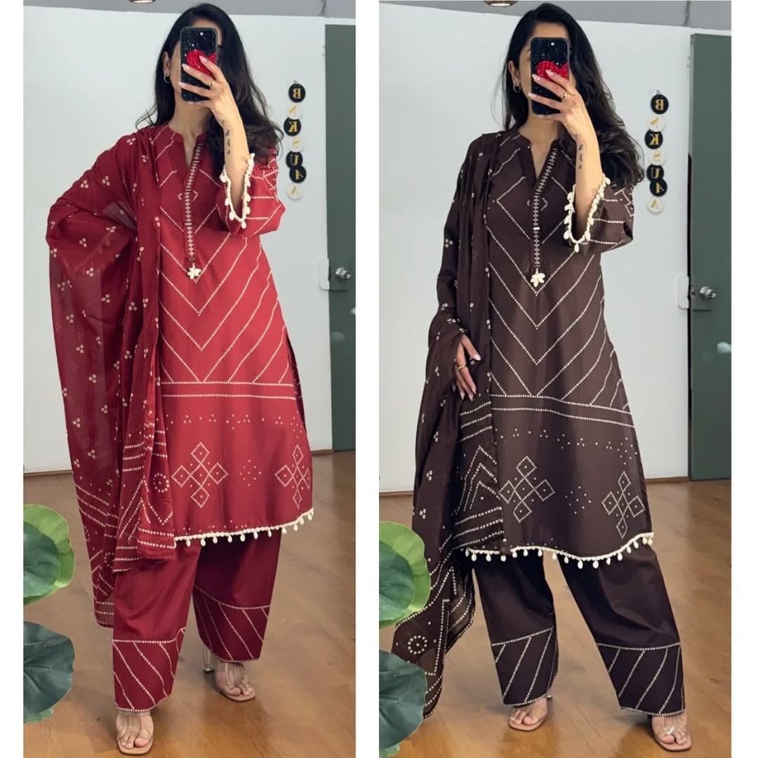 Premium Red Embroidered Cotton Kurti Pant Set with Dupatta for Women