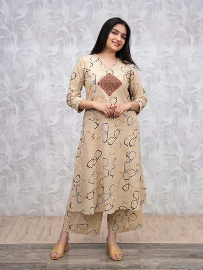 Beige Spectacle Printed Ethnic Co-ord Set for Women