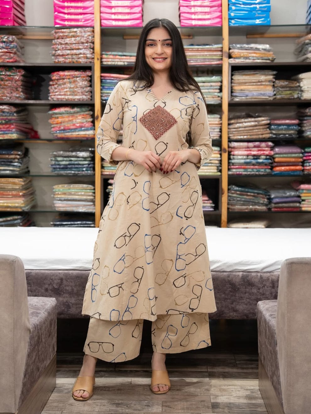 Beige Spectacle Printed Ethnic Co-ord Set for Women