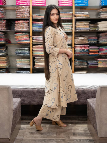 Beige Spectacle Printed Ethnic Co-ord Set for Women