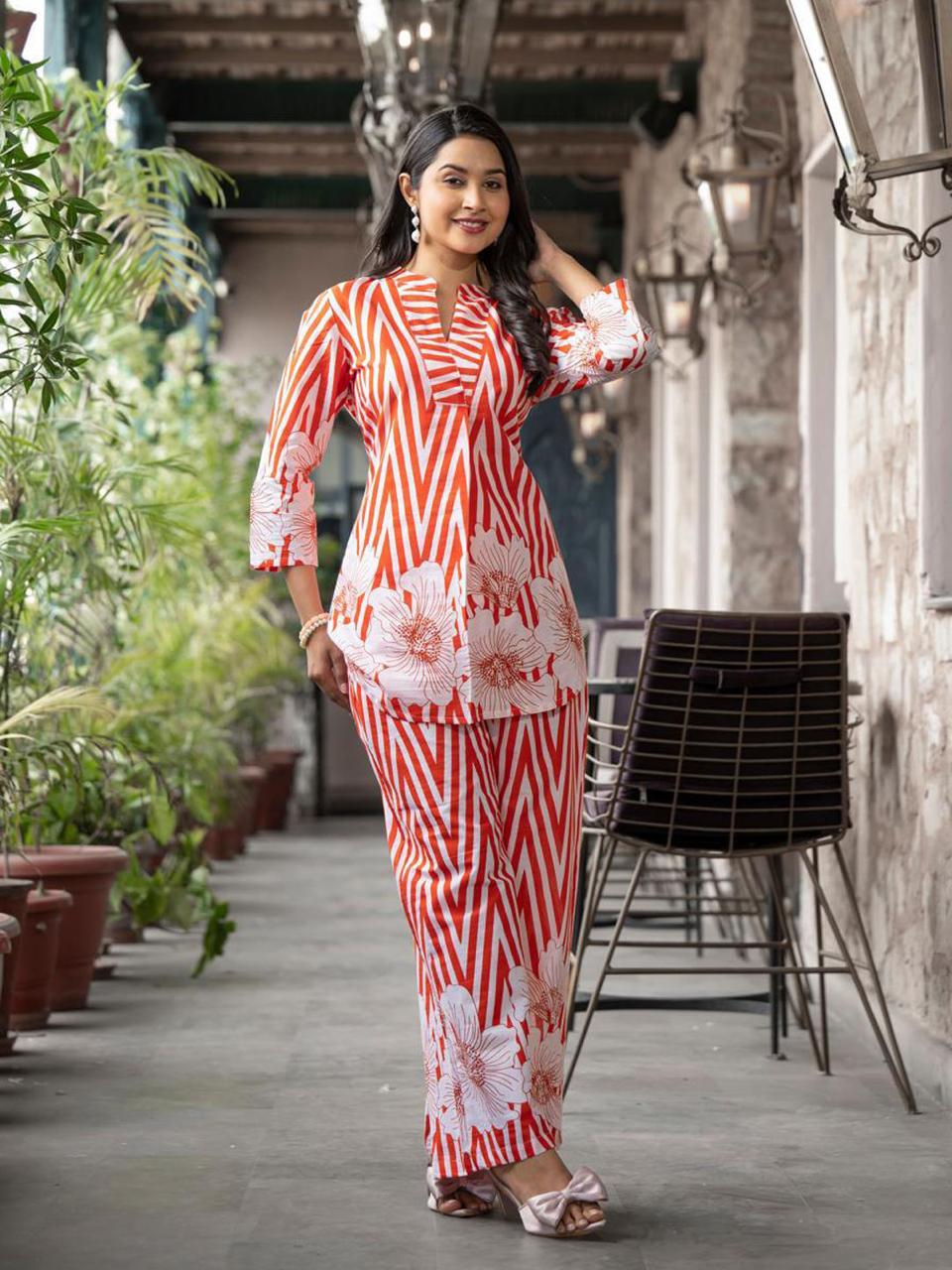 Orange Chevron and Floral Printed Ethnic Co-ord Set