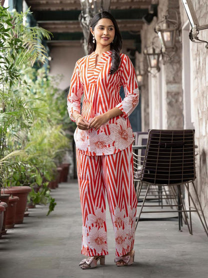Orange Chevron and Floral Printed Ethnic Co-ord Set