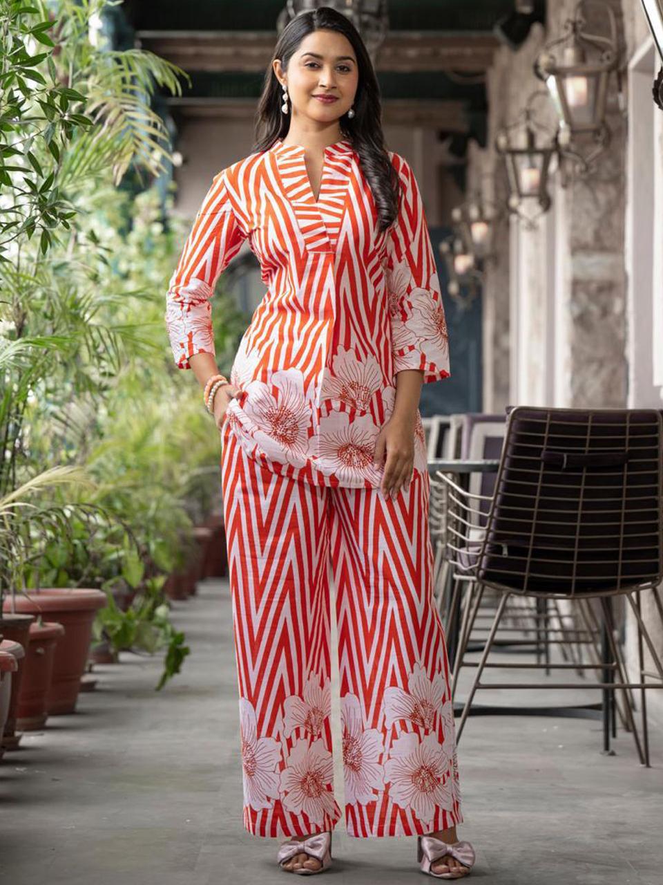 Orange Chevron and Floral Printed Ethnic Co-ord Set