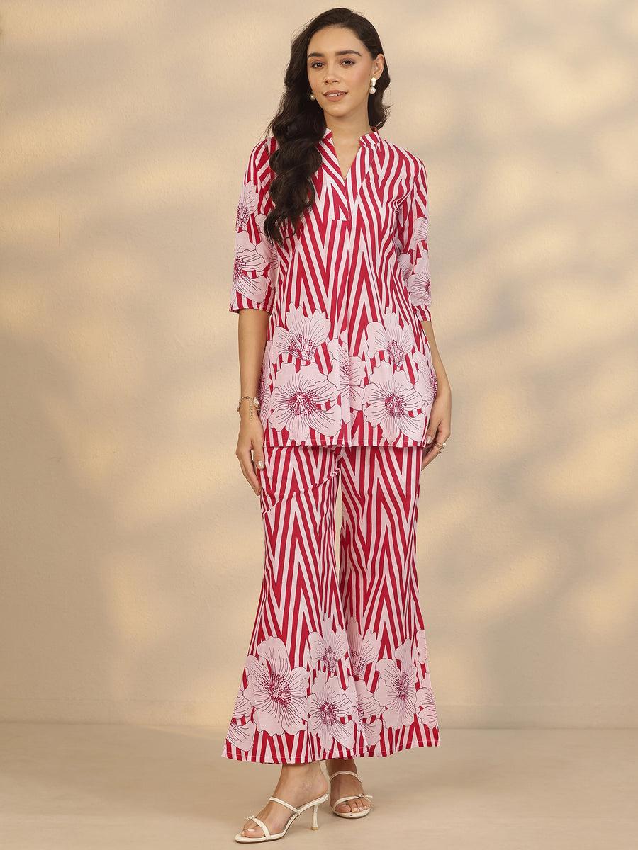 Red Chevron and Floral Printed Ethnic Co-ord Set