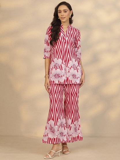 Red Chevron and Floral Printed Ethnic Co-ord Set