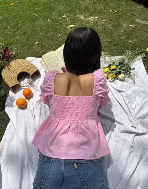 Pink Cotton Square Neck Peplum Top with Puff Sleeves