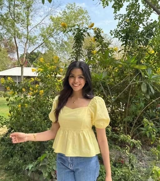 Yellow Cotton Square Neck Peplum Top with Puff Sleeves
