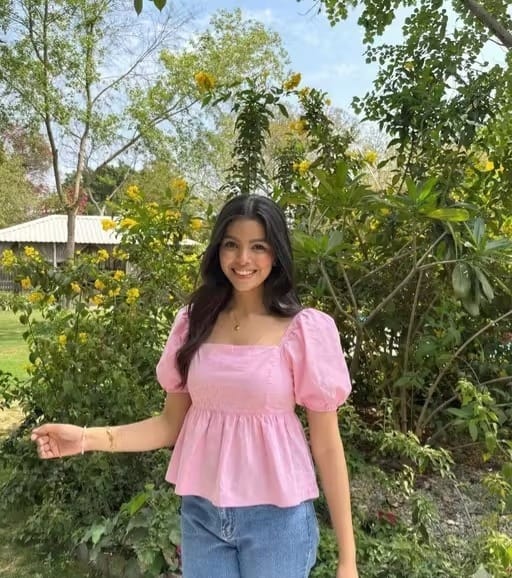 Pink Cotton Square Neck Peplum Top with Puff Sleeves