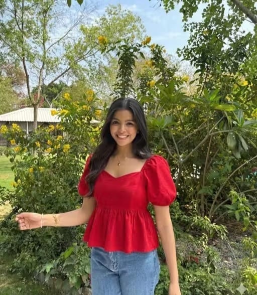 Red Cotton Square Neck Peplum Top with Puff Sleeves