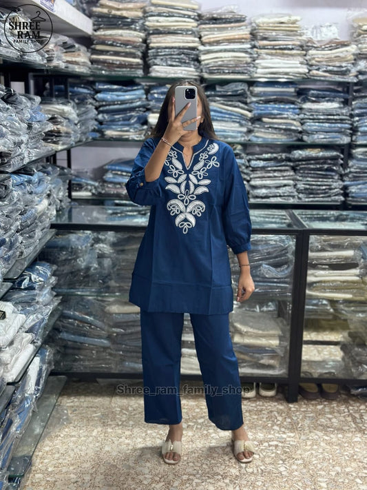 Prussian Blue Embroidered Ethnic Co-ord Set for Women