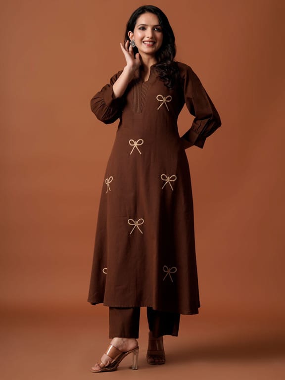 Chocolate Brown Bow Embroidered Kurta  Set