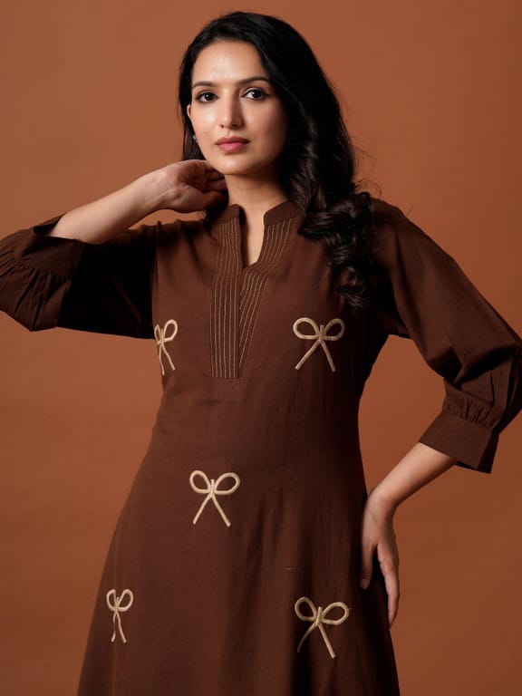 Chocolate Brown Bow Embroidered Kurta  Set