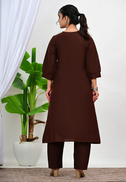 Chocolate Brown Bow Embroidered Kurta  Set
