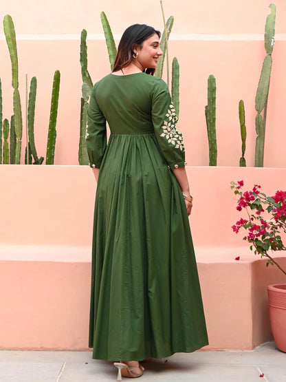 Forest Green Anarkali Gown With Floral Embroidery