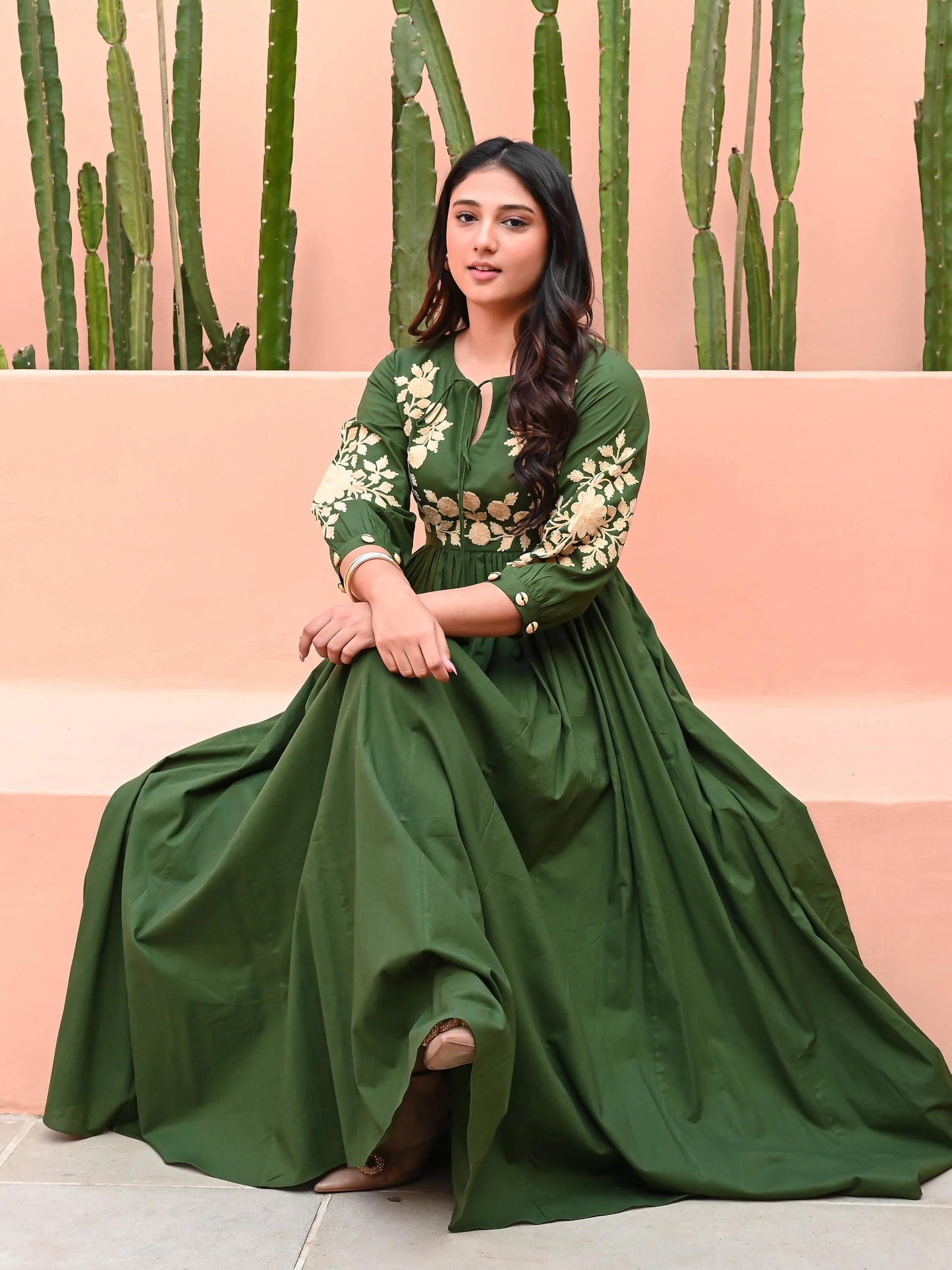 Forest Green Anarkali Gown With Floral Embroidery