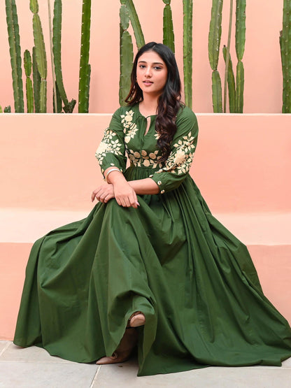 Forest Green Anarkali Gown With Floral Embroidery