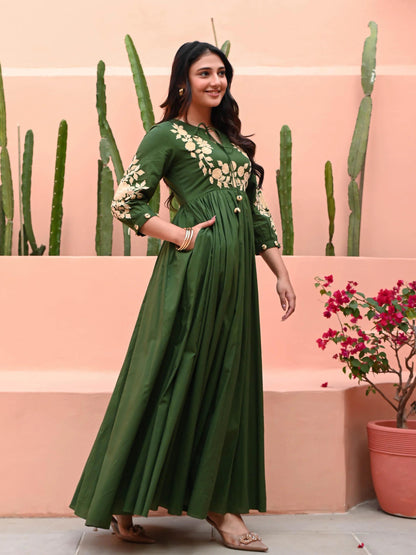 Forest Green Anarkali Gown With Floral Embroidery