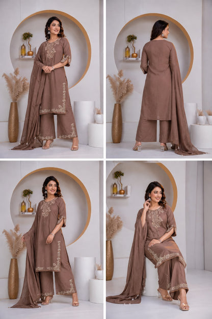 Mocha Brown Embroidered Cotton Kurta Palazzo Set
