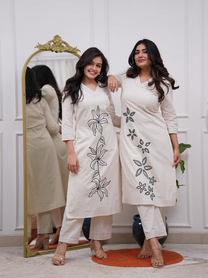 Cream Kurta Set With Black Starburst Embroidery