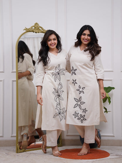 Cream Kurta Set With Black Starburst Embroidery