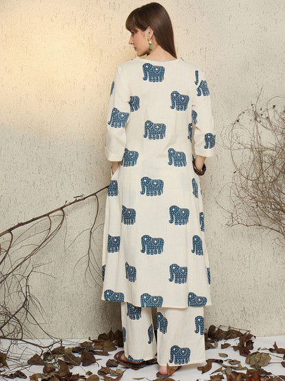 Cream Cotton Elephant Print Tunic Co-ord Set