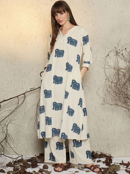 Cream Cotton Elephant Print Tunic Co-ord Set