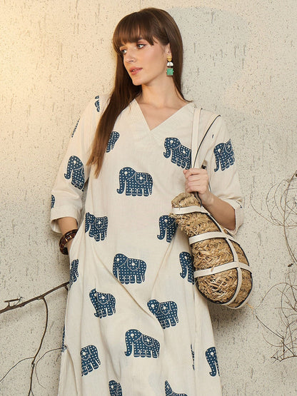Cream Cotton Elephant Print Tunic Co-ord Set