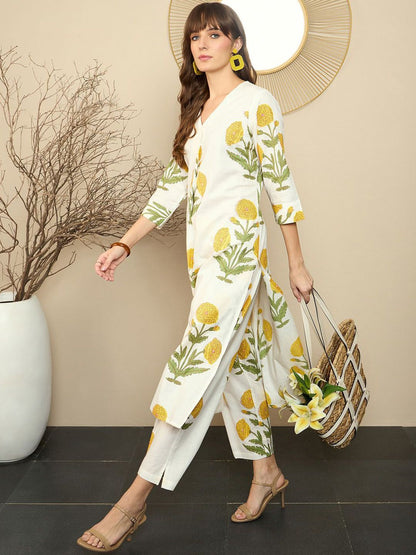 Premium Cream Cotton Marigold Print Kurta Set