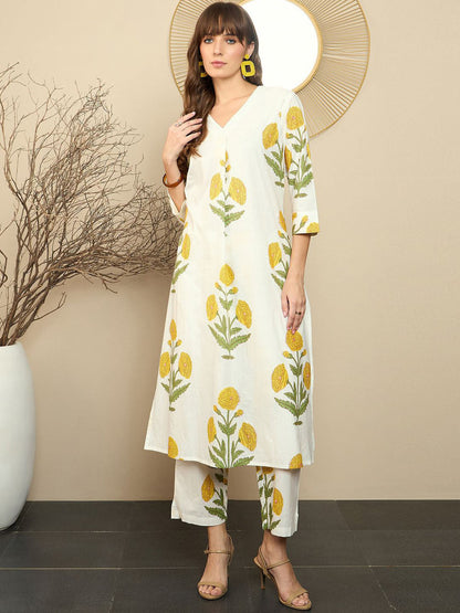 Premium Cream Cotton Marigold Print Kurta Set