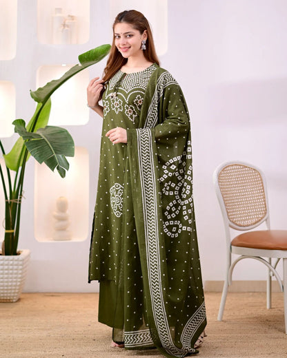 Premium Olive Green Bandhni Cotton Kurta Set