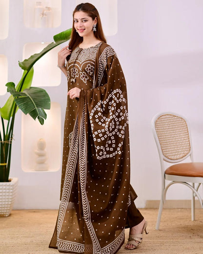 Premium Coffee Brown Bandhni Cotton Kurta Set