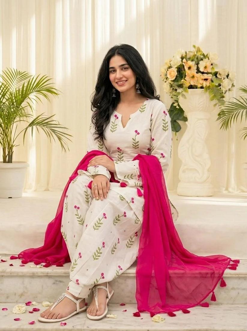 White Floral Printed Cotton Kurta Pant Set with Pink Dupatta for Women
