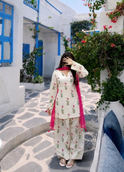 White Floral Printed Cotton Kurta Pant Set with Pink Dupatta for Women