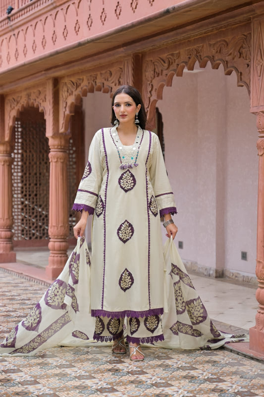 Women’s Ivory & Purple Printed Kurta Pant Set with Dupatta