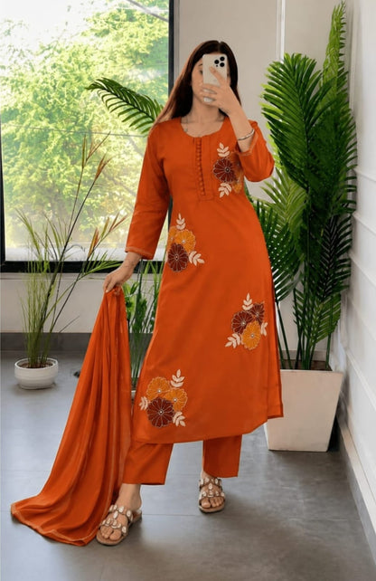 Rust Orange Floral Embroidered Kurta Pant Dupatta Set for Women