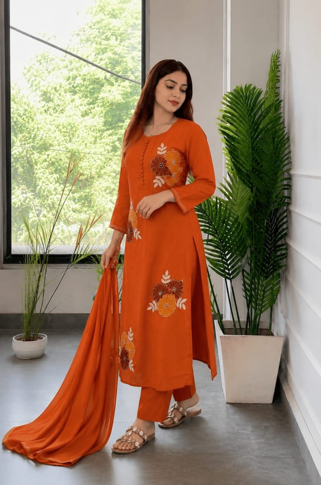 Rust Orange Floral Embroidered Kurta Pant Dupatta Set for Women