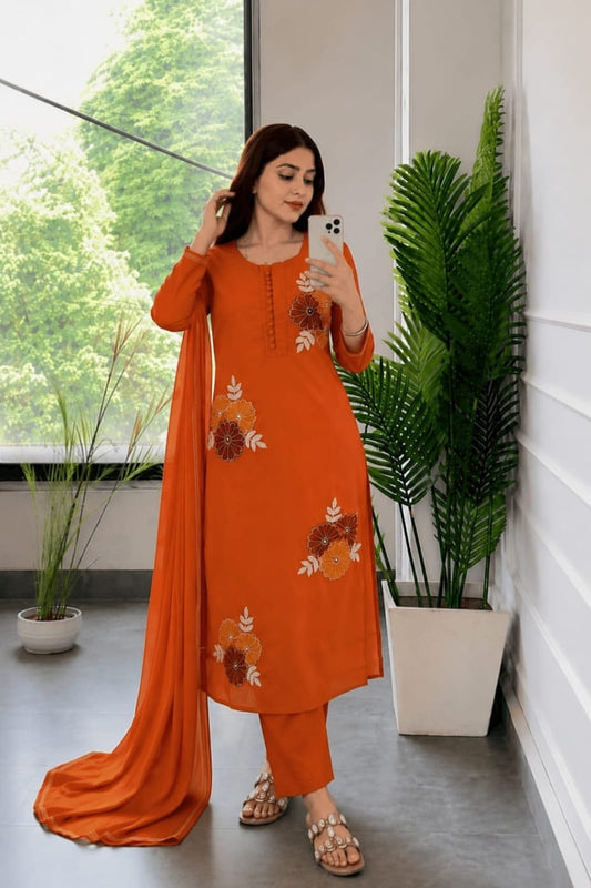 Rust Orange Floral Embroidered Kurta Pant Dupatta Set for Women