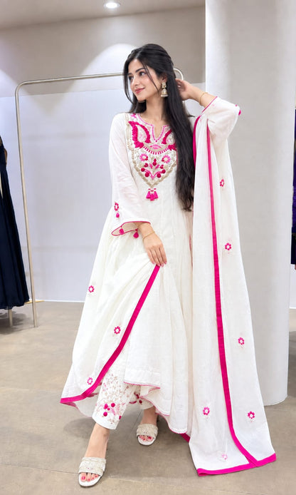 White & Pink Embroidered Anarkali Kurta Pant Dupatta Set for Women